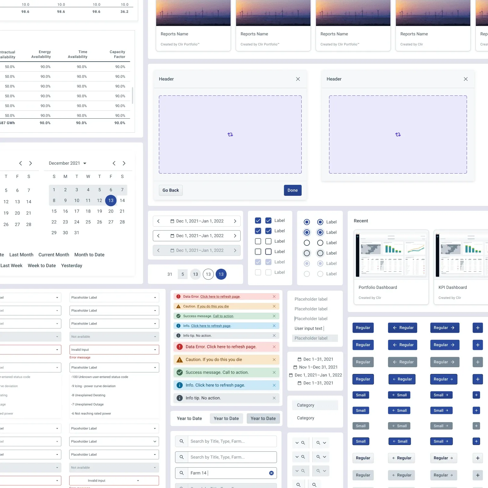 A sheet of Clir design system components: data tables, date pickers, form fields, alert messages, checkbox and radio sets, buttons, and report card thumbnails.