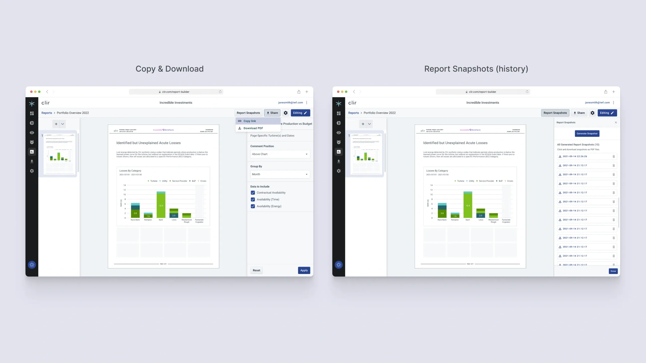 Two screens showing the split: a Copy and Download menu under the top-level Share button, and a separate Report Snapshots panel listing timestamped versions.