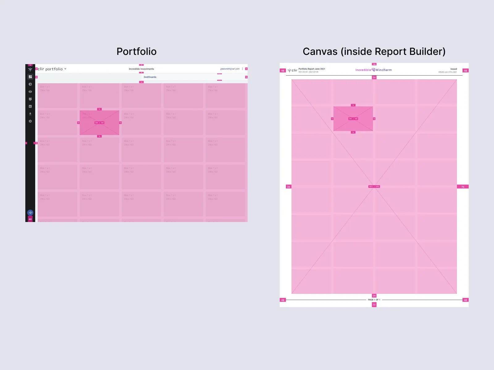Pink grid overlays comparing the Portfolio dashboard's flexible column grid with the fixed page grid of the Report Builder canvas.