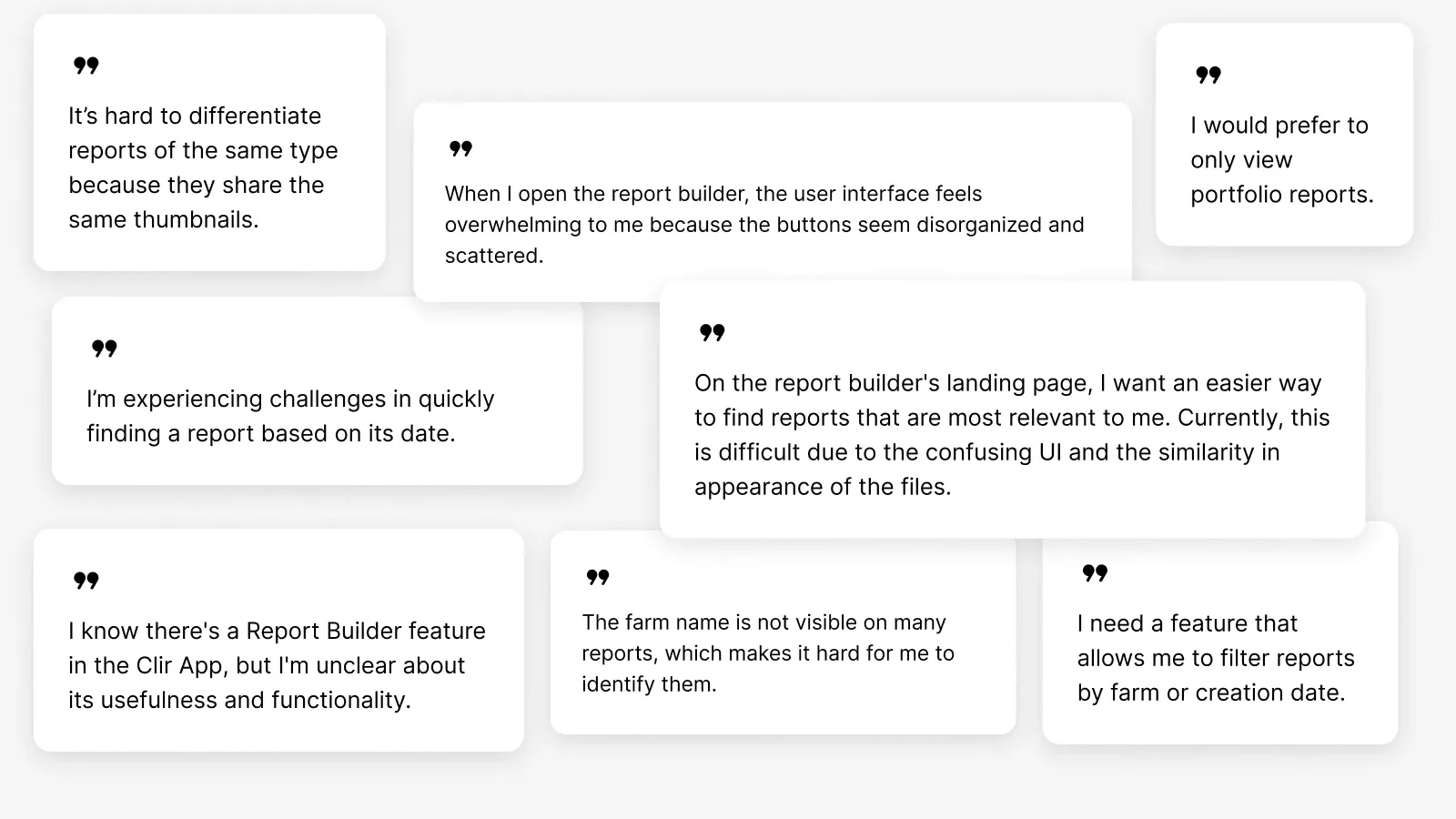 Nine quote cards collecting user complaints about the Report Builder: an overwhelming interface, scattered buttons, look-alike report thumbnails, and no way to filter reports by farm or date.