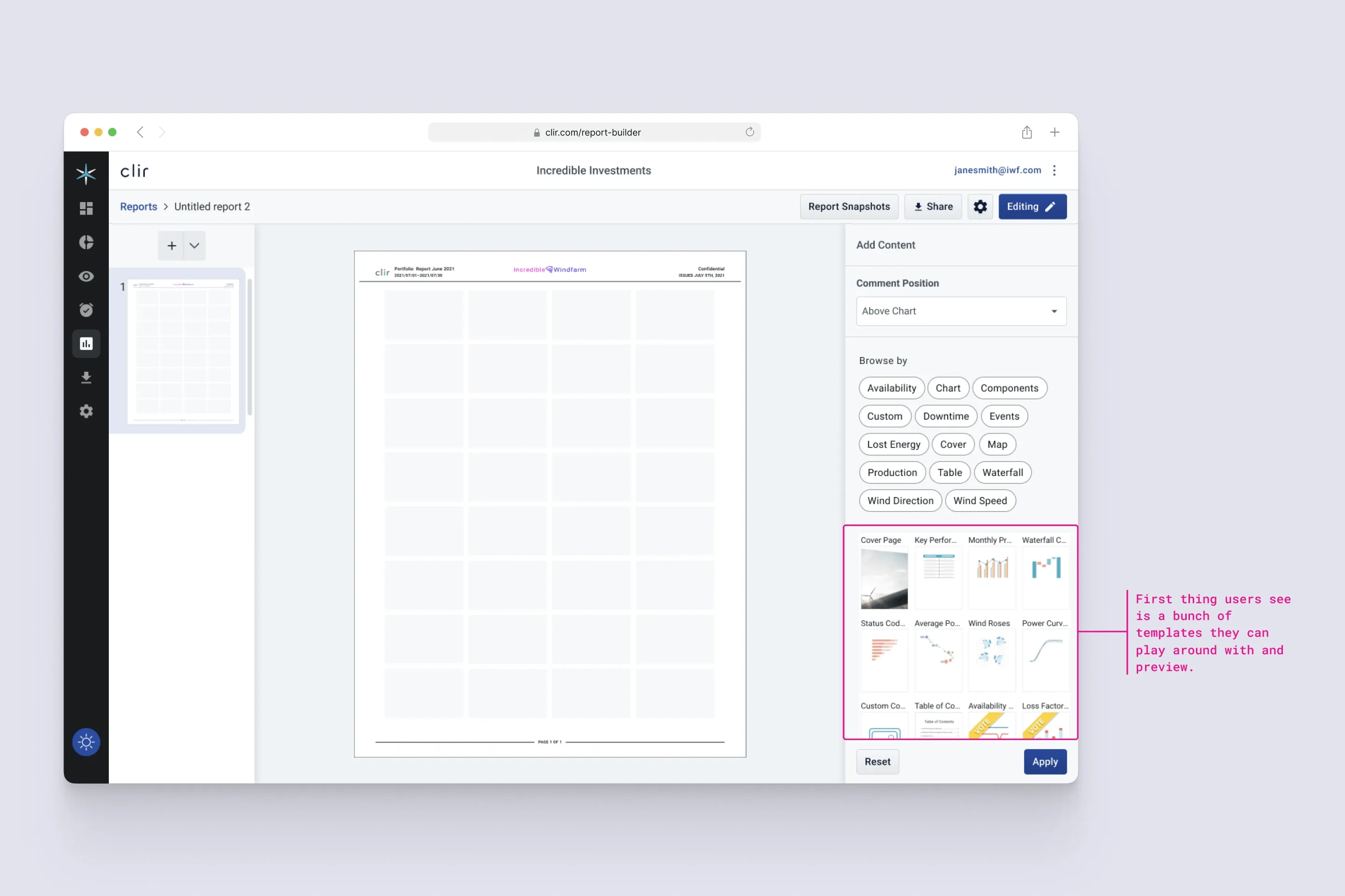 The Add Content panel open on an empty report page, showing category filters and a grid of widget templates users can preview before applying.
